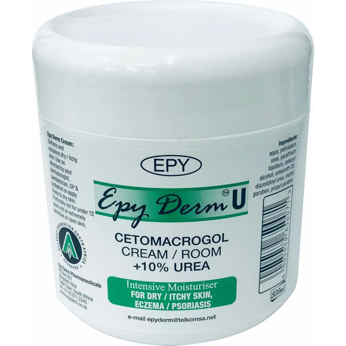 Angled view of EPY Derm U Cetomacrogol Cream with 10% Urea 500 ml tub