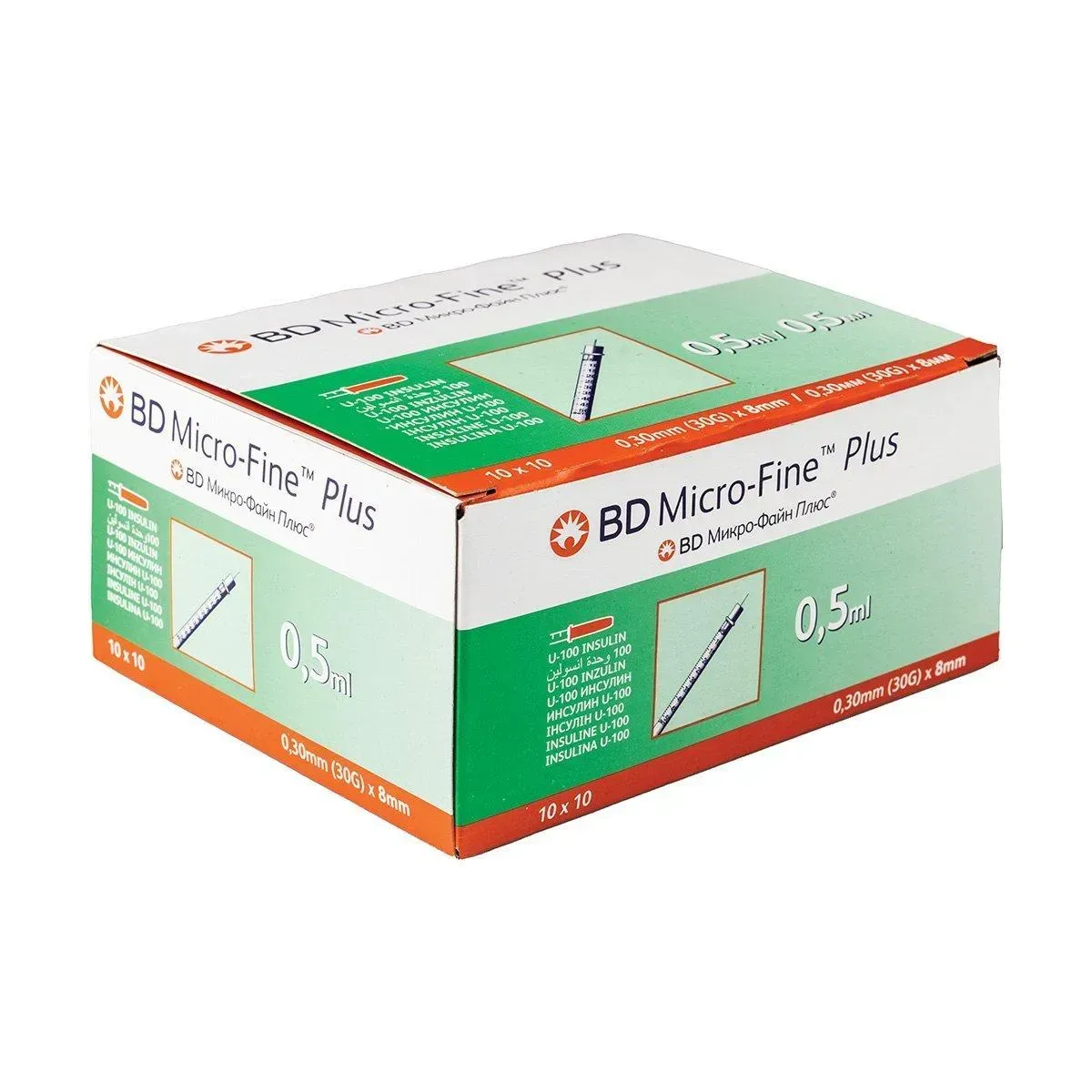Angled view of BD Micro-Fine Plus Insulin Syringes 0.5ml 30G x 8mm box, 10x10