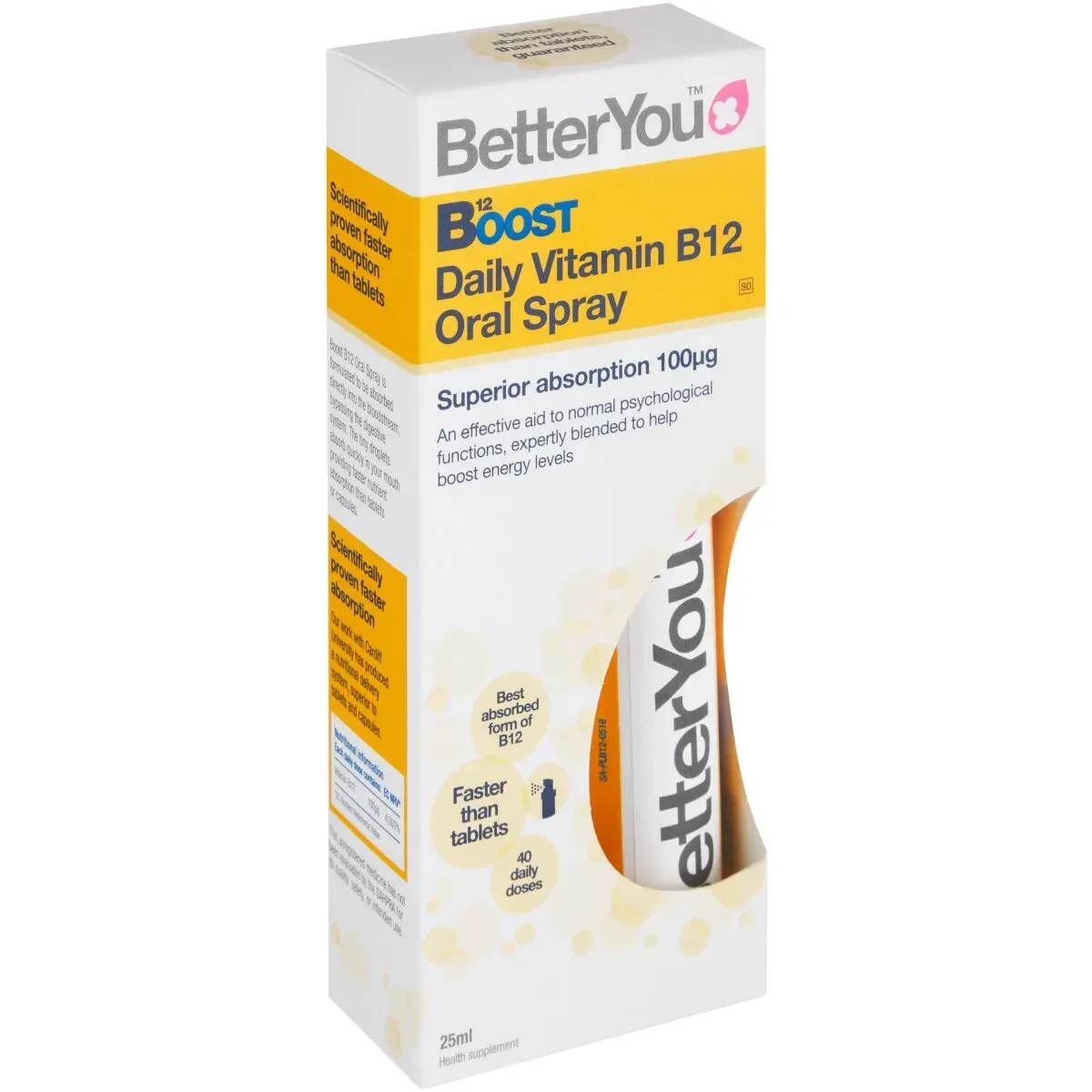Angled view of BetterYou Boost Daily Vitamin B12 Oral Spray 25 ml box