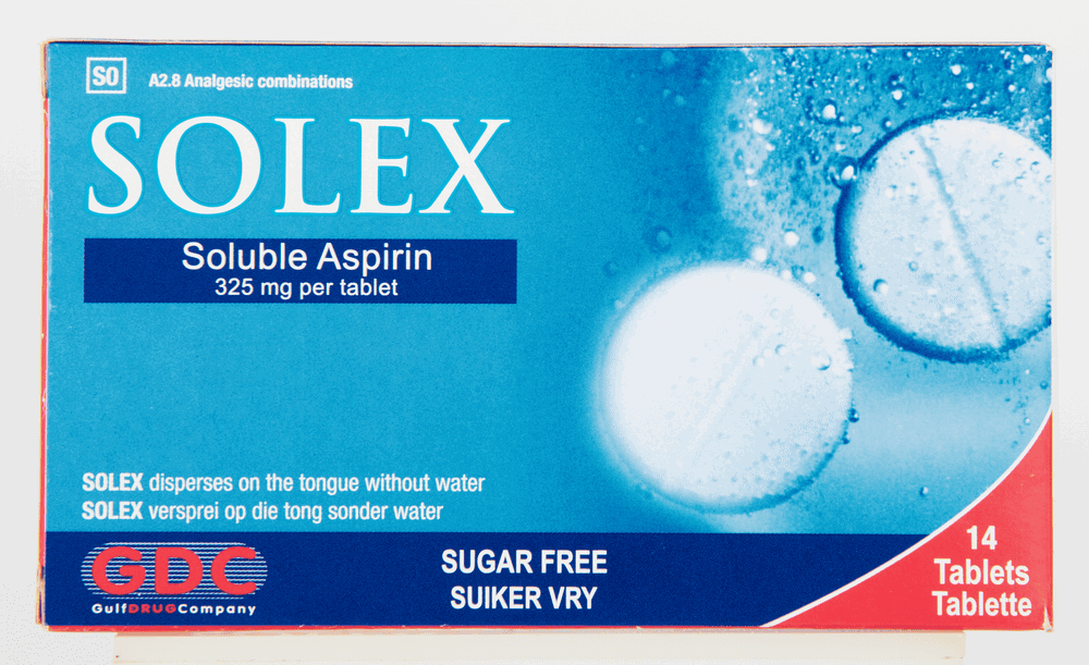 Front of Solex Soluble Aspirin 325 mg, 14 tablets box