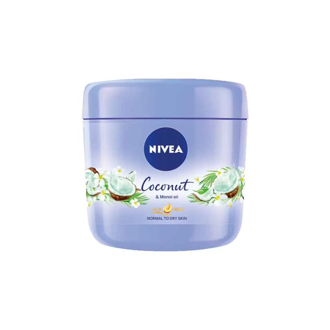 Front of Nivea Coconut & Monoi Oil Body Cream tub, 400ml