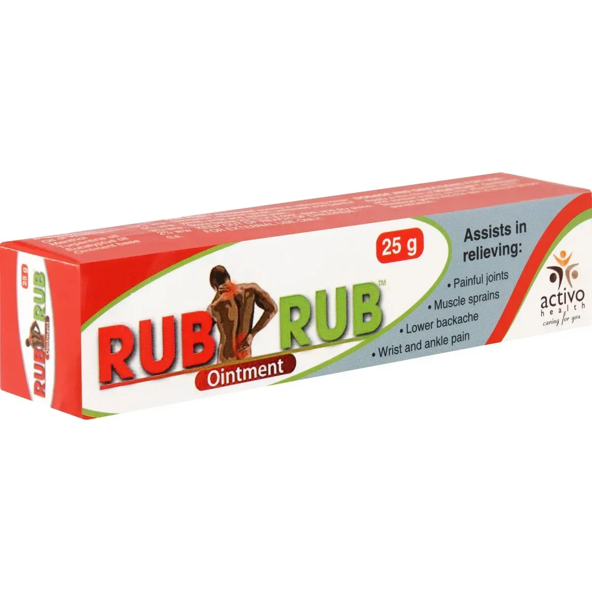 Angled view of Activo Health Rub Rub Ointment 25 g box