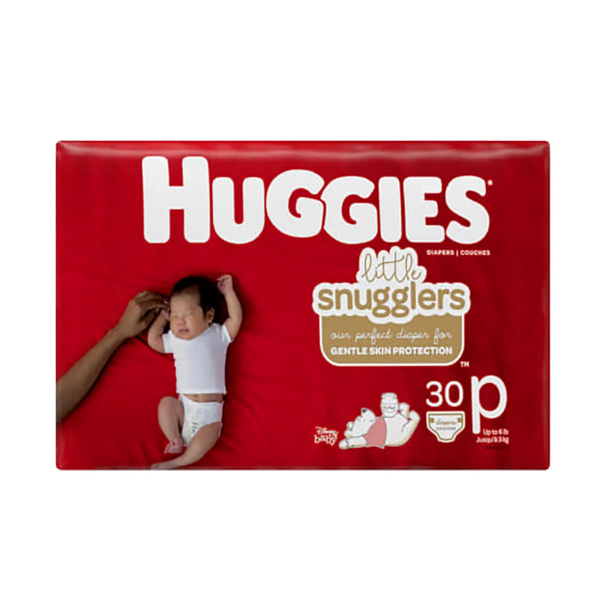 Front of Huggies Little Snugglers Preemies Nappies Size P, 30 count pack