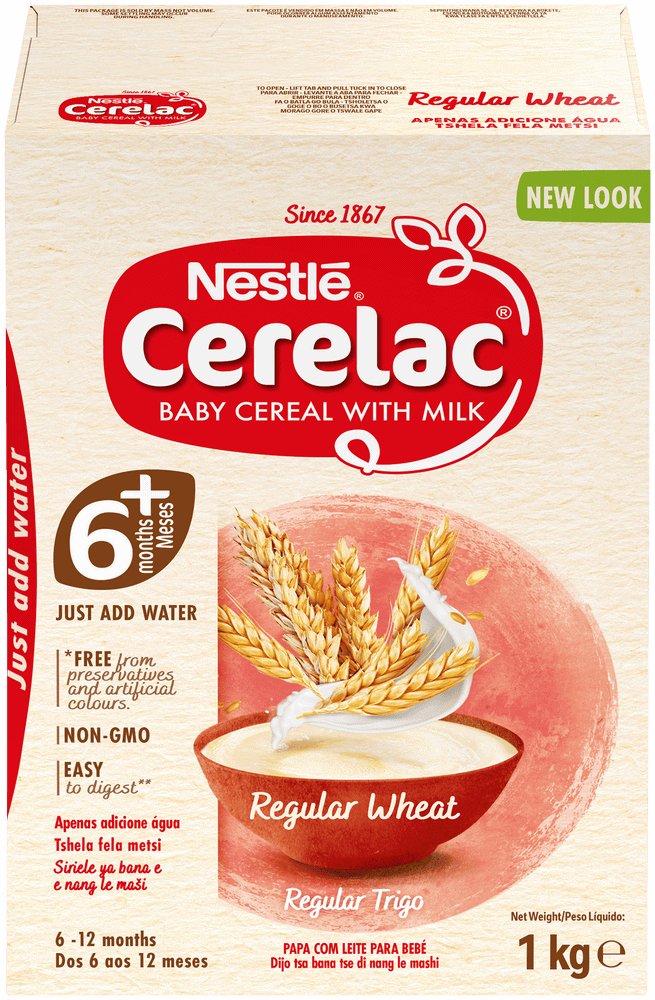 Front of Nestlé Cerelac Regular Wheat Baby Cereal with Milk 1 kg box