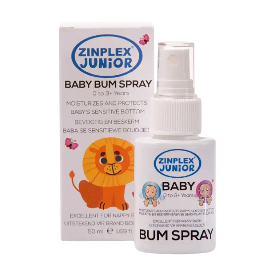 Front of Zinplex Junior Baby Bum Spray 50 ml box and bottle