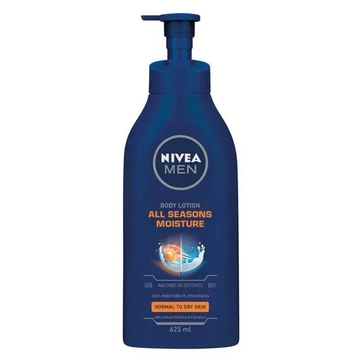 Front of Nivea Men All Seasons Moisture Body Lotion 625 ml pump bottle