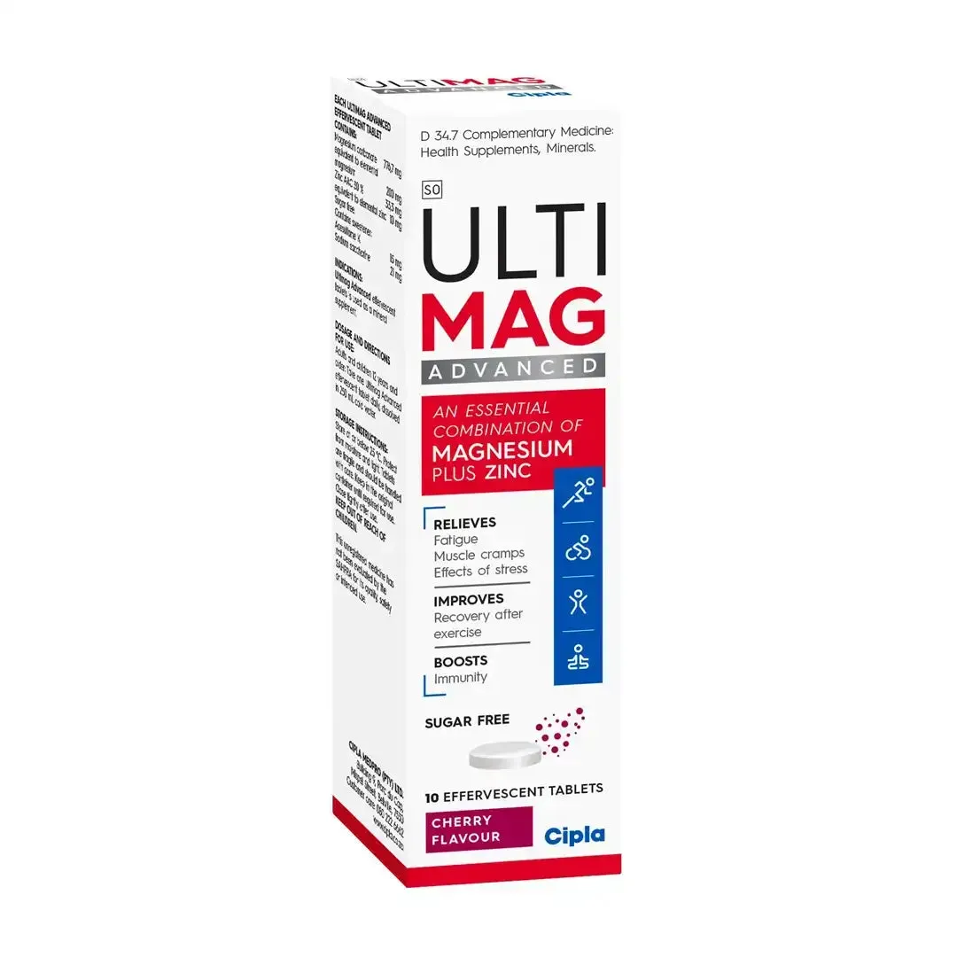 Angled studio shot of Cipla Ultimag Advanced Magnesium Plus Zinc Cherry effervescent tablets box, 10 tablets