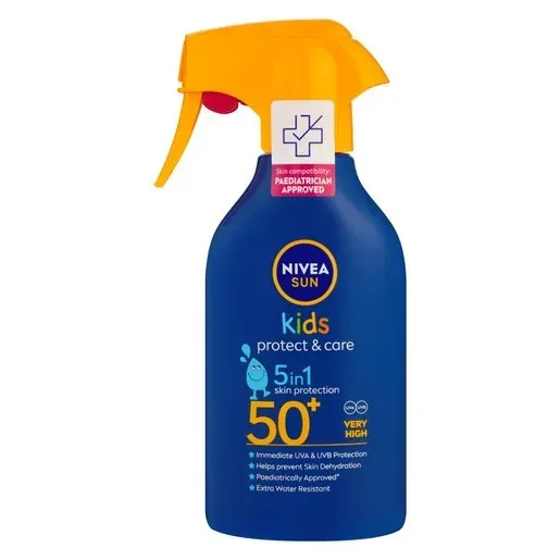 Front view of NIVEA Sun Kids Protect & Care SPF50+ 270 ml spray bottle