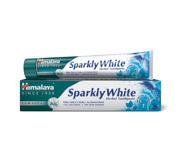 Front of Himalaya Sparkly White Herbal Toothpaste 75ml tube and box