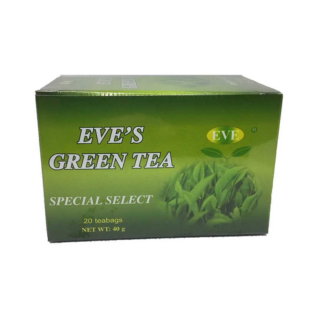 Angled view of Eve's Green Tea Special Select box, 20 teabags, 40 g