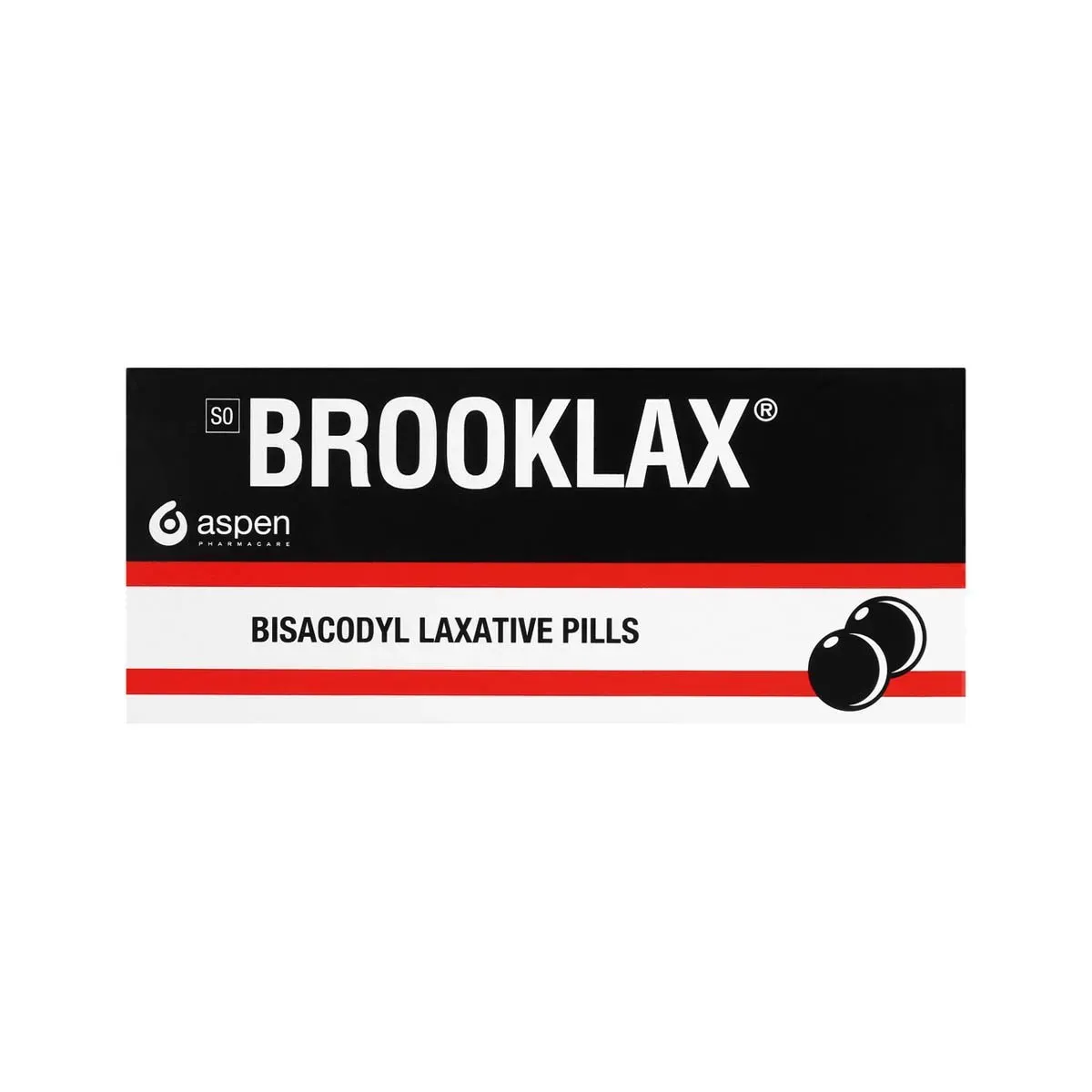 Front of Brooklax Bisacodyl Laxative Pills 10 tablets box by Aspen Pharmacare