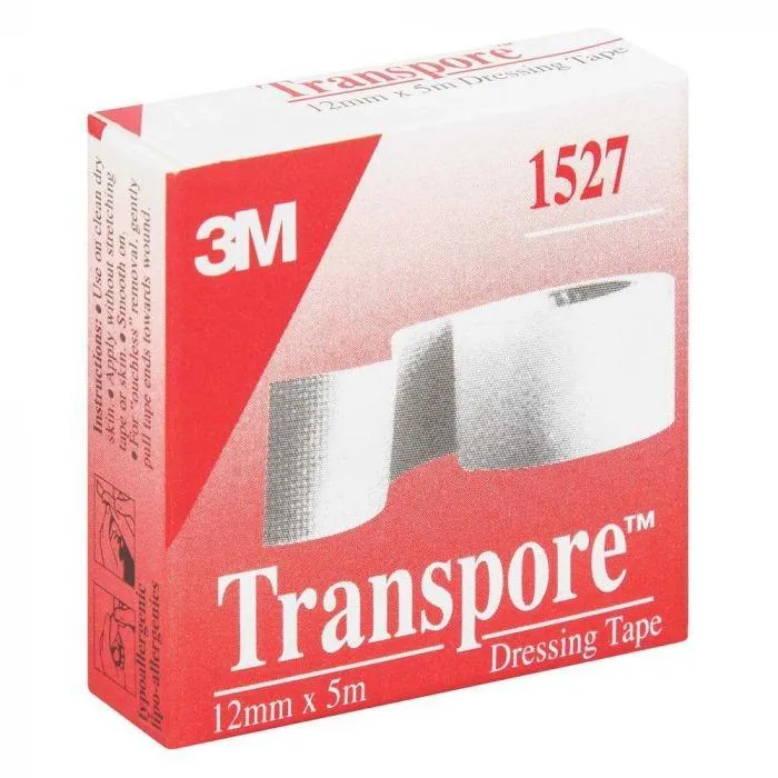 Front of 3M Transpore Dressing Tape 12mm x 5m box