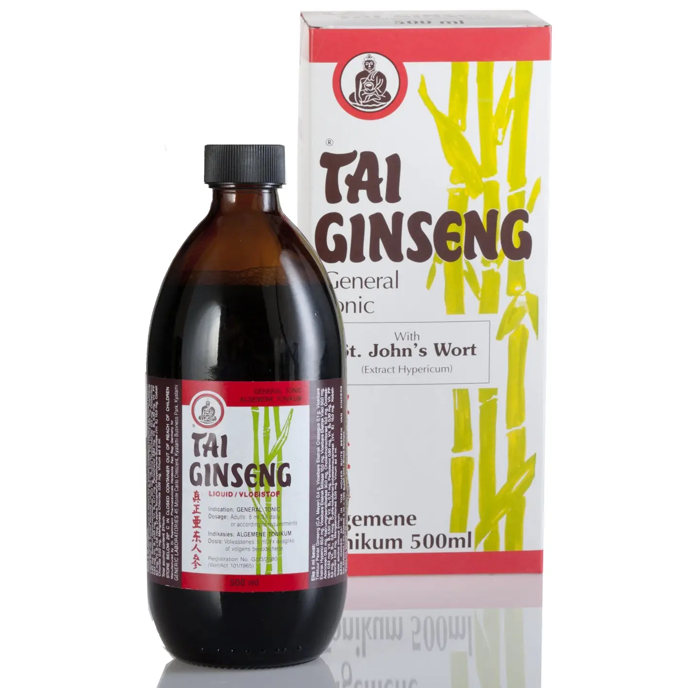 Front of TAI-Ginseng General Tonic bottle and box, 500 ml