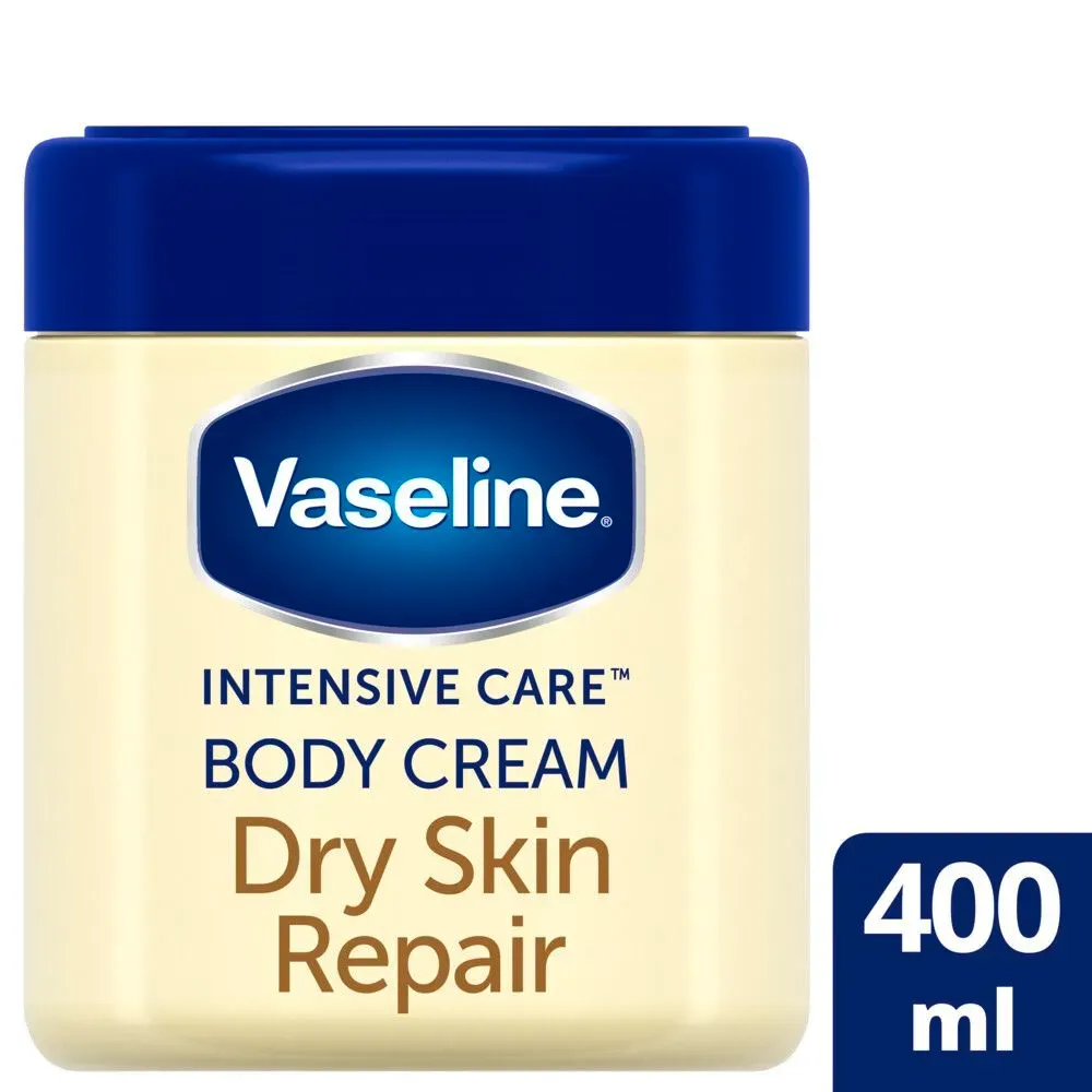 Front of Vaseline Intensive Care Dry Skin Repair Body Cream 400 ml tub