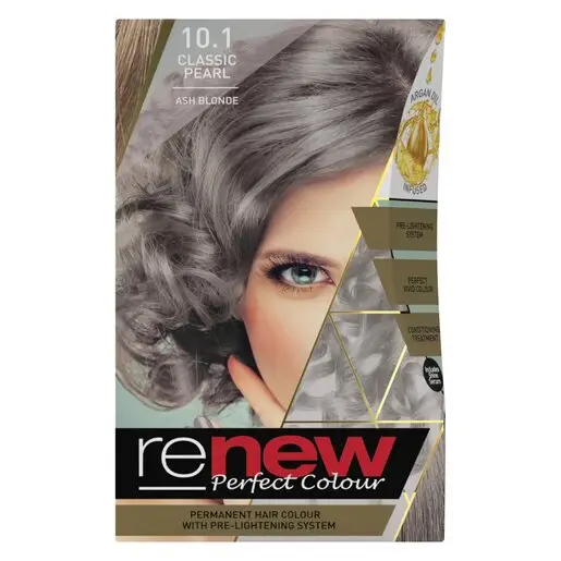 Front of Renew Perfect Colour Classic Pearl 10.1 Ash Blonde permanent hair colour box