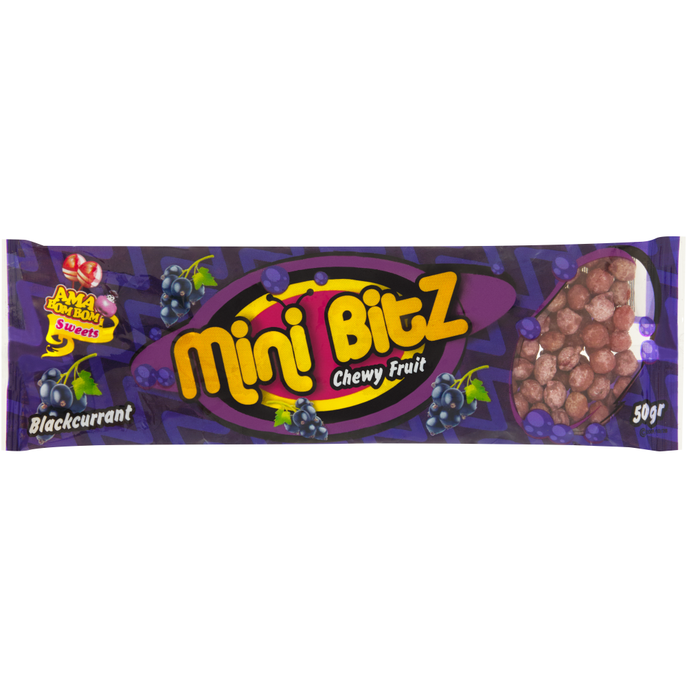 Front of Mini Bitz Chewy Fruit Blackcurrant Candy 50g pack
