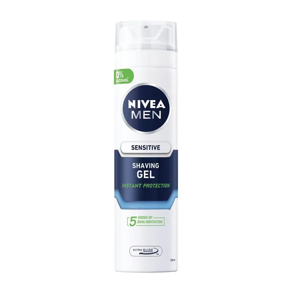 Front of NIVEA MEN Sensitive Shaving Gel 200ml can on white background