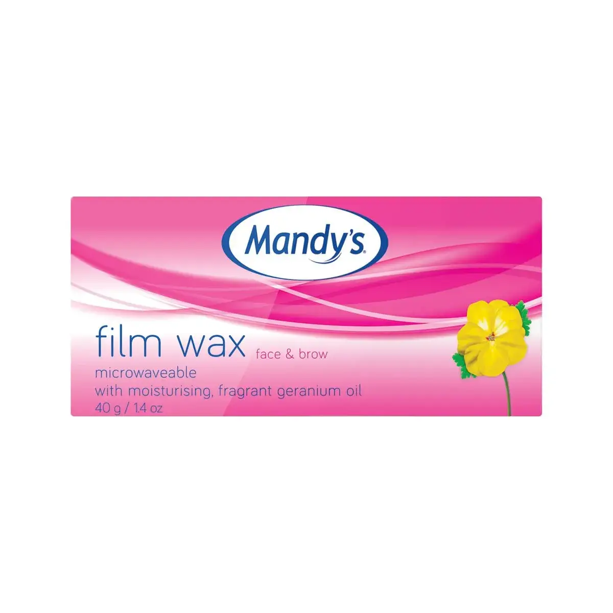 Front of Mandy's Fabulous Film Wax Face & Brow 40 g box on white background