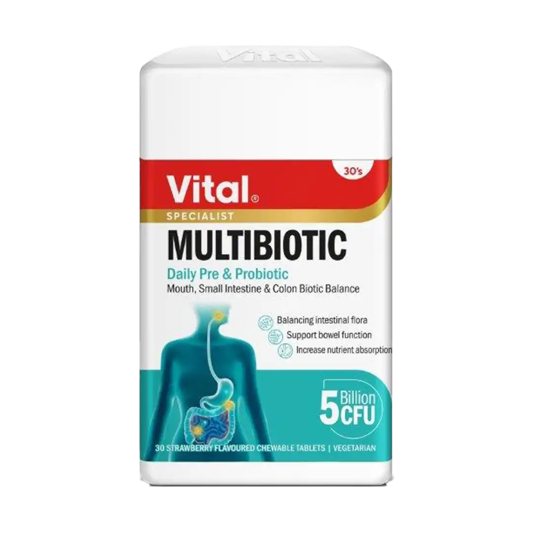 Front of Vital Specialist Multibiotic Daily Pre & Probiotic 30 chewable tablets bottle
