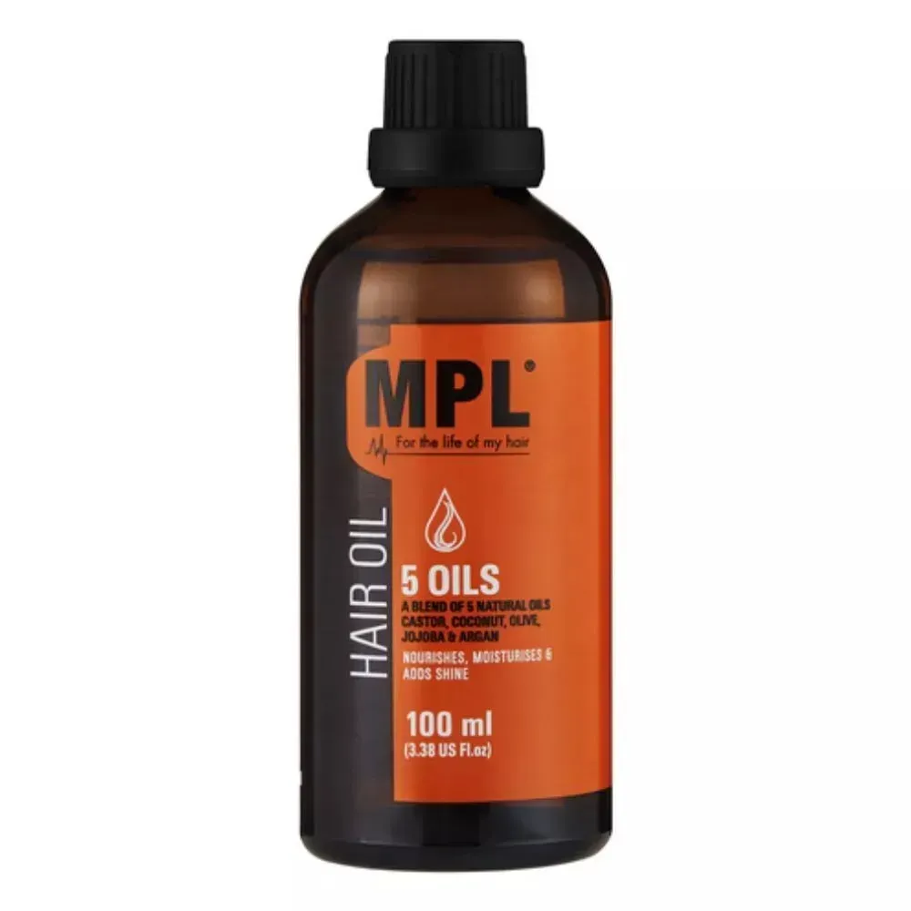 Front of MPL 5 Oils Hair Oil 100 ml bottle on white background