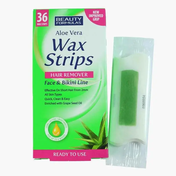 Front of Beauty Formulas Aloe Vera Wax Strips Face & Bikini Line 36 strips box with sample strip