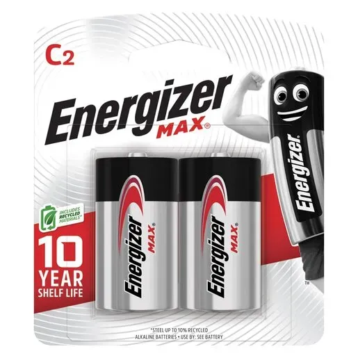 Front of Energizer MAX C2 alkaline batteries 2 pack blister