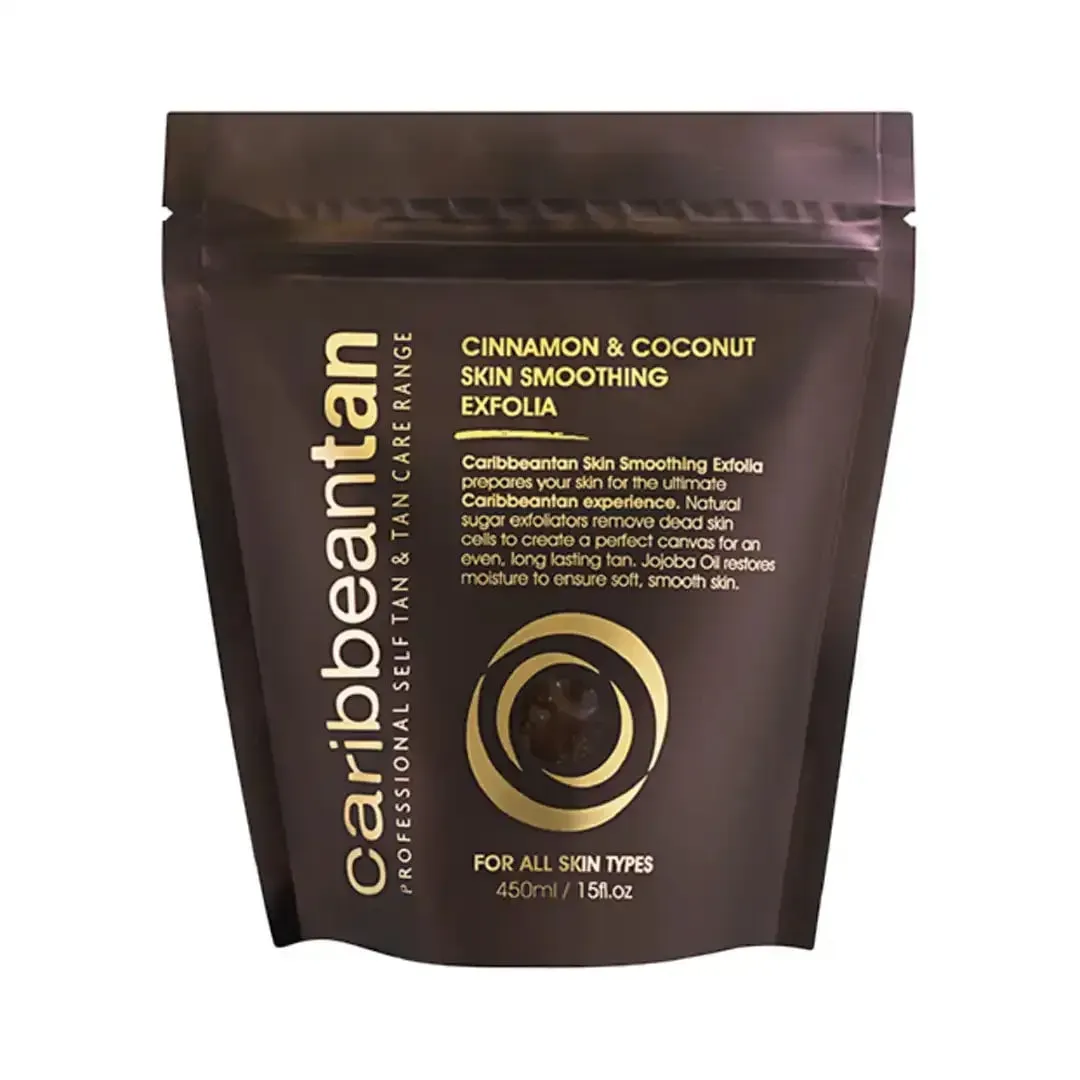 Front of Caribbean Tan Cinnamon & Coconut Skin Smoothing Exfolia 450ml pouch