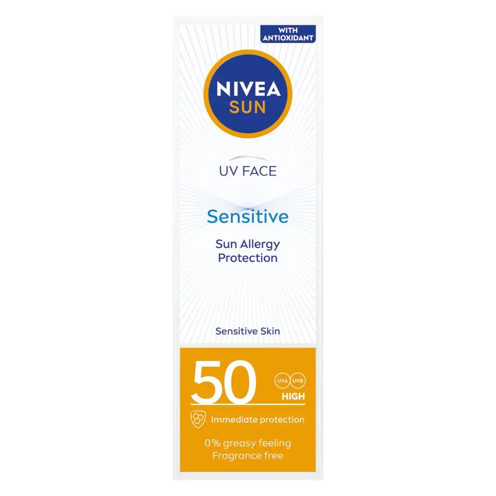 Front of NIVEA SUN UV Face Sensitive SPF 50 box