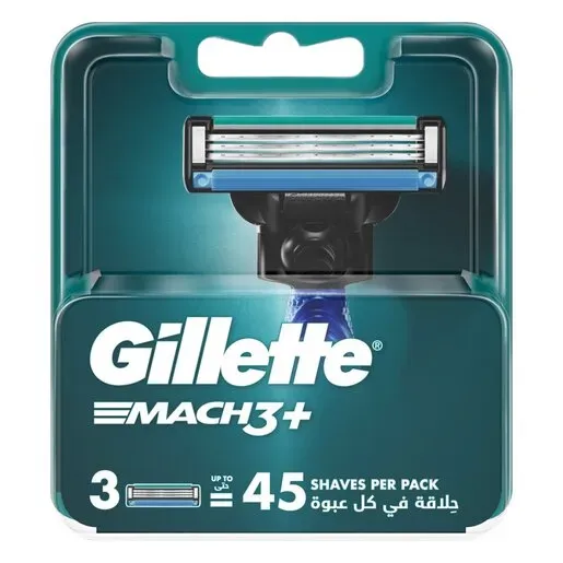 Front of Gillette Mach3+ razor blade refill pack, 3 cartridges