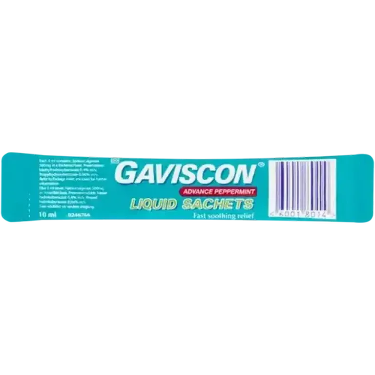 Front of Gaviscon Advance Peppermint Liquid Sachets 10 ml single sachet on white background