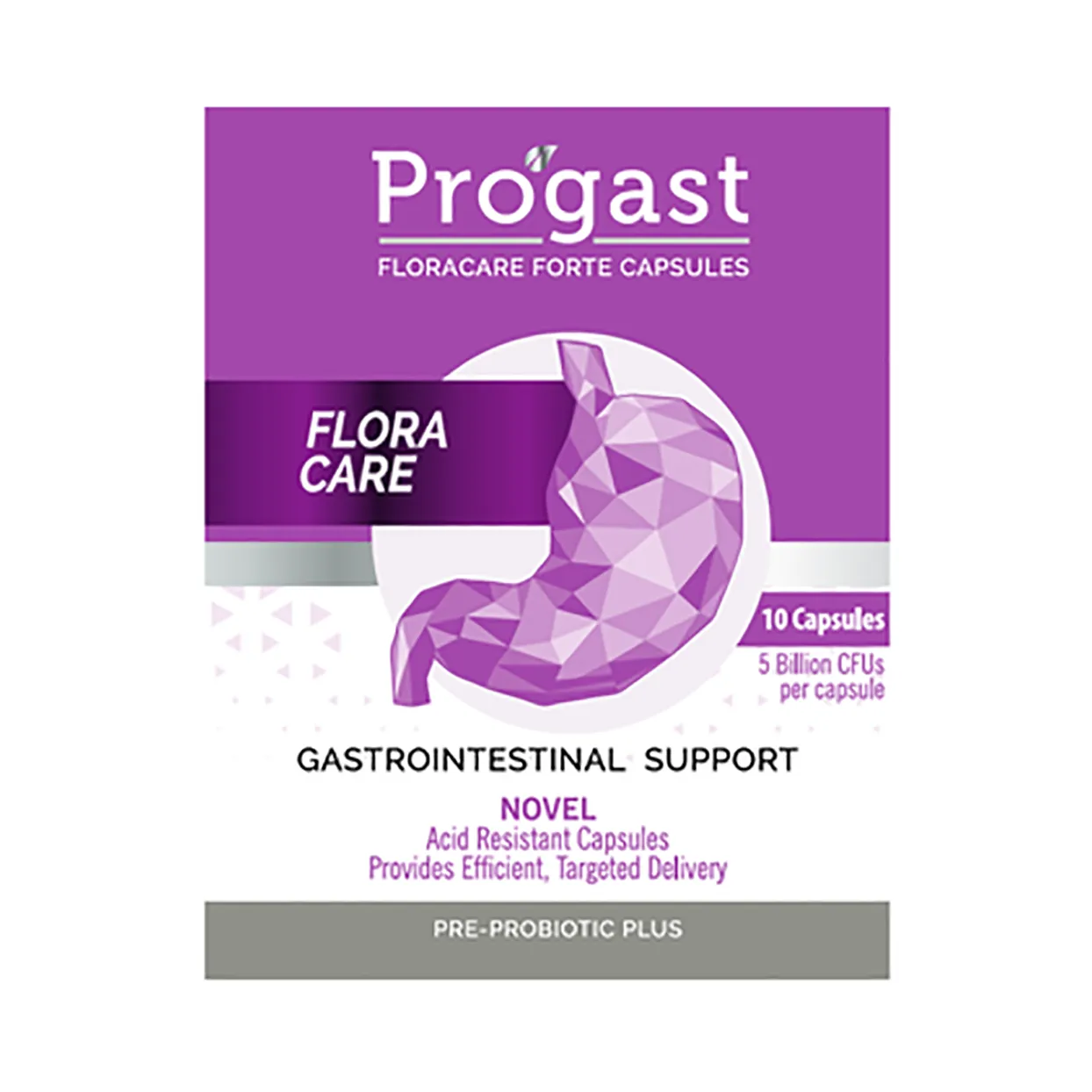 Front of Progast FloraCare Forte Capsules 10's pack