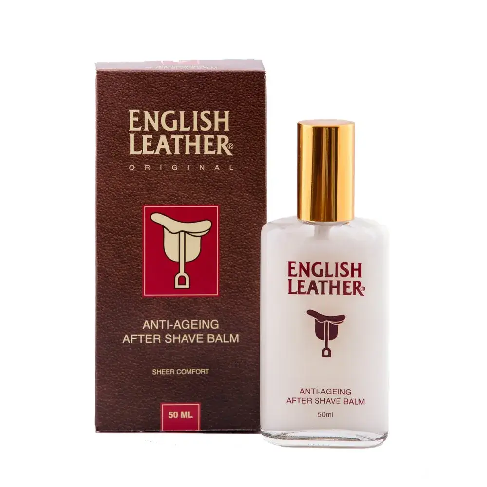 Front of English Leather Anti-Ageing After Shave Balm 50 ml box and bottle