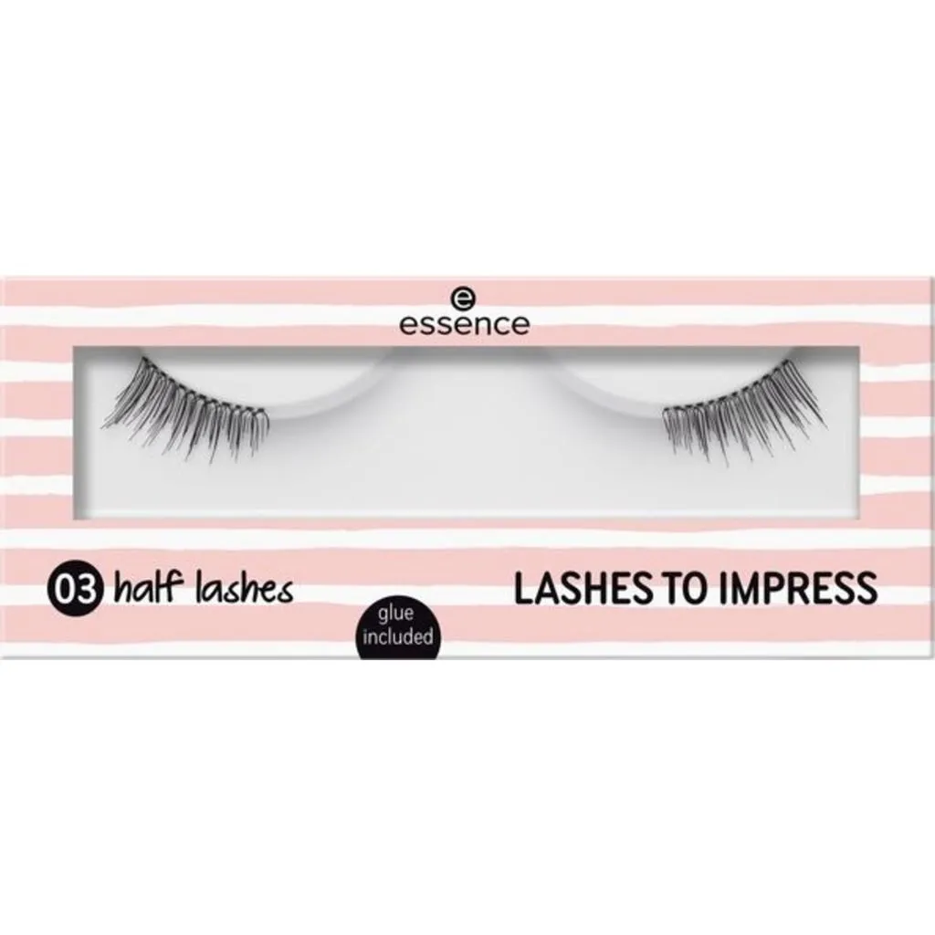 Front of pack: essence Lashes to Impress 03 Half Lashes, 1 pair, with glue included