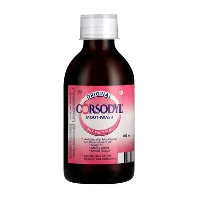Front of Corsodyl Original Mouthwash Antibacterial 200 ml bottle