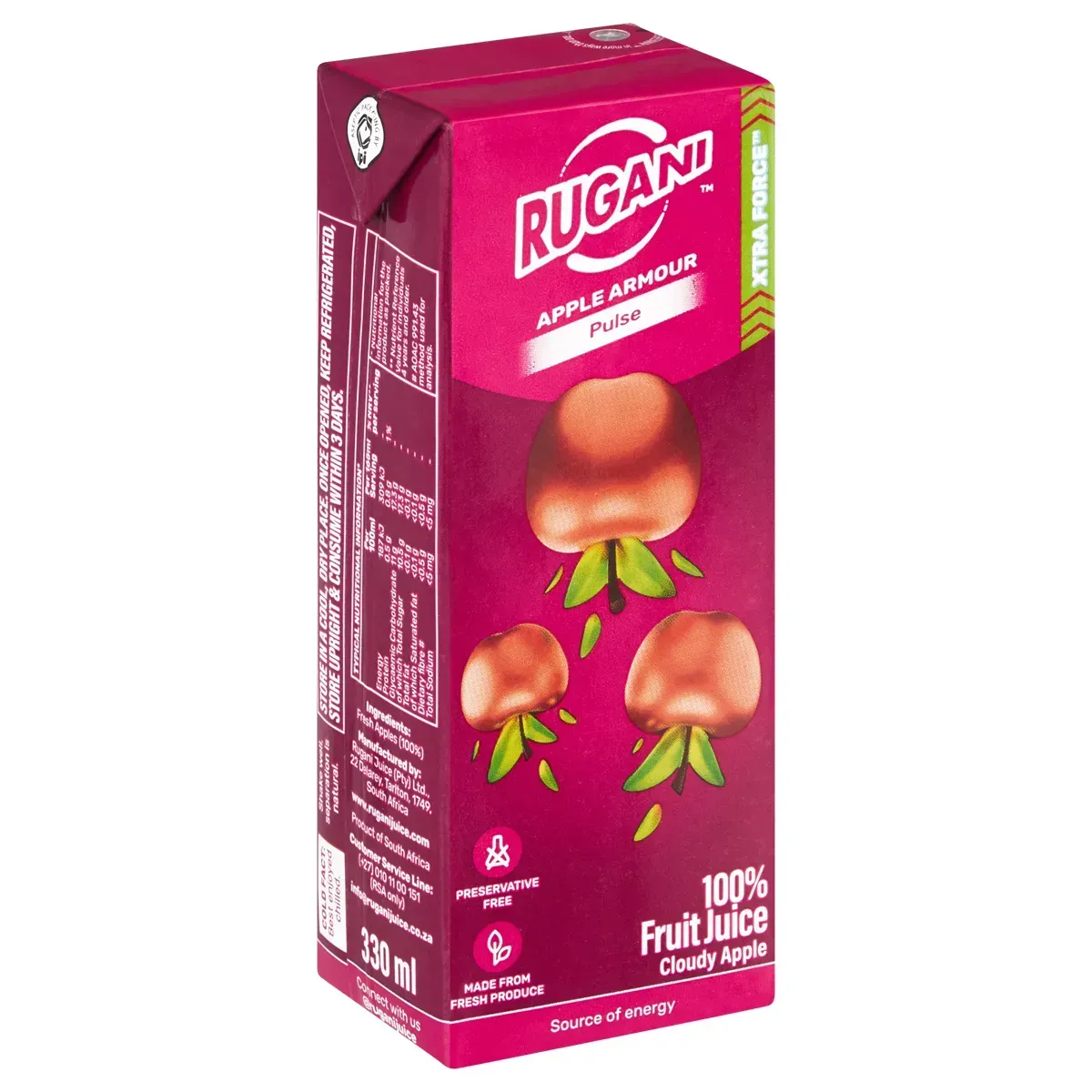 Angled view of Rugani Cloudy Apple 100% Fruit Juice carton, 330 ml