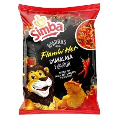 Front of Simba Flamin' Hot Chakalaka flavour potato chips 120 g bag
