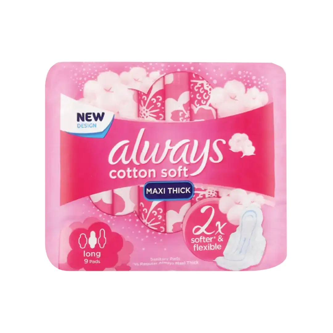 Front of Always Cotton Soft Maxi Thick Long 9 pads sanitary pads pack