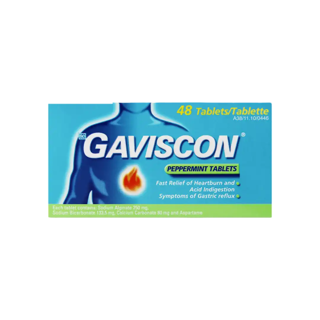 Front of Gaviscon Peppermint Tablets 48 tablets box