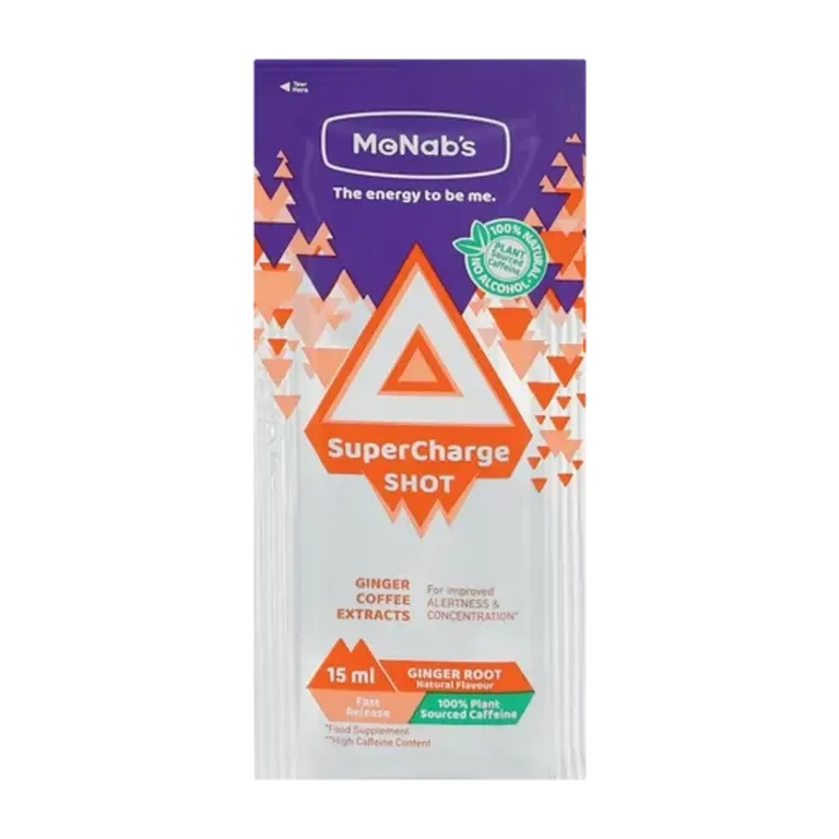 Front of McNab's SuperCharge Shot Ginger Root 15 ml sachet