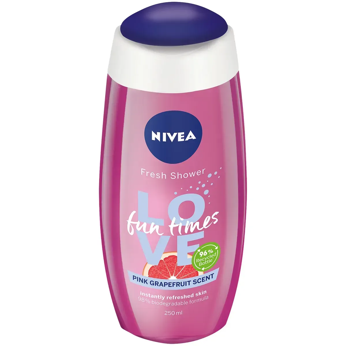 Front of NIVEA Love Fun Times Pink Grapefruit Shower Gel 250 ml bottle