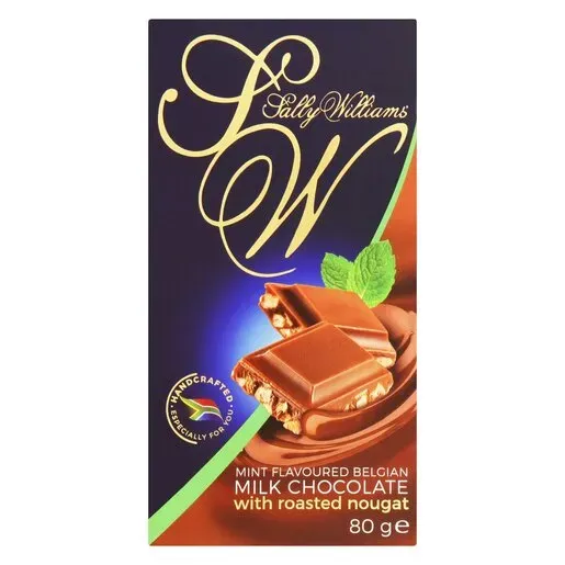 Front of Sally Williams Mint Flavoured Belgian Milk Chocolate with Roasted Nougat 80g slab