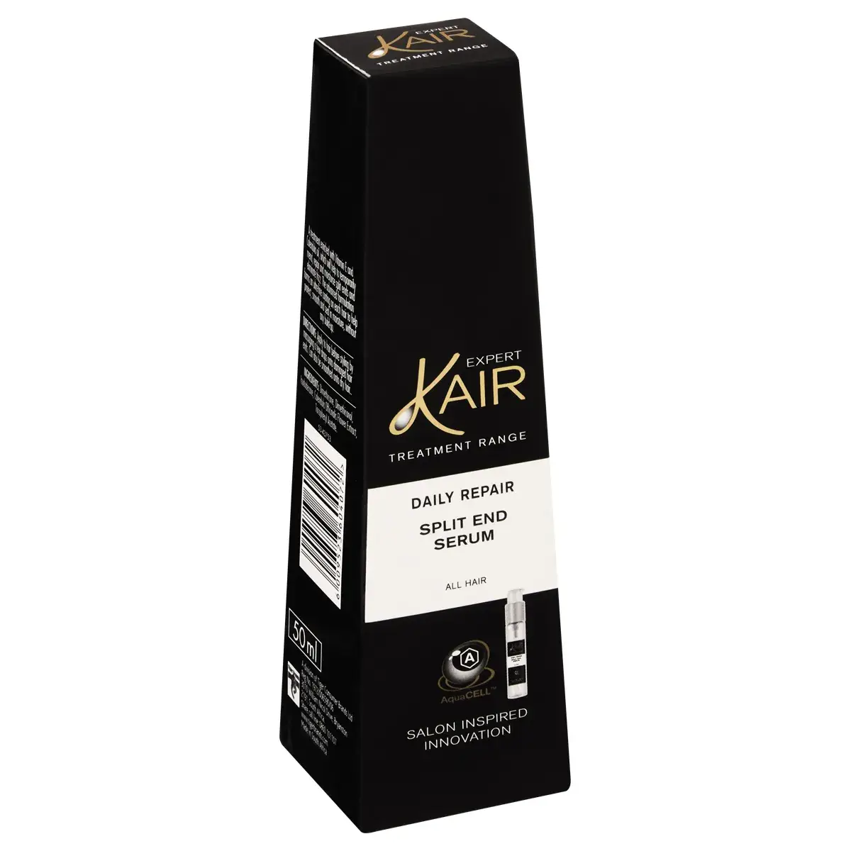 Angled front view of Kair Expert Daily Repair Split End Serum box, 50 ml, on white background