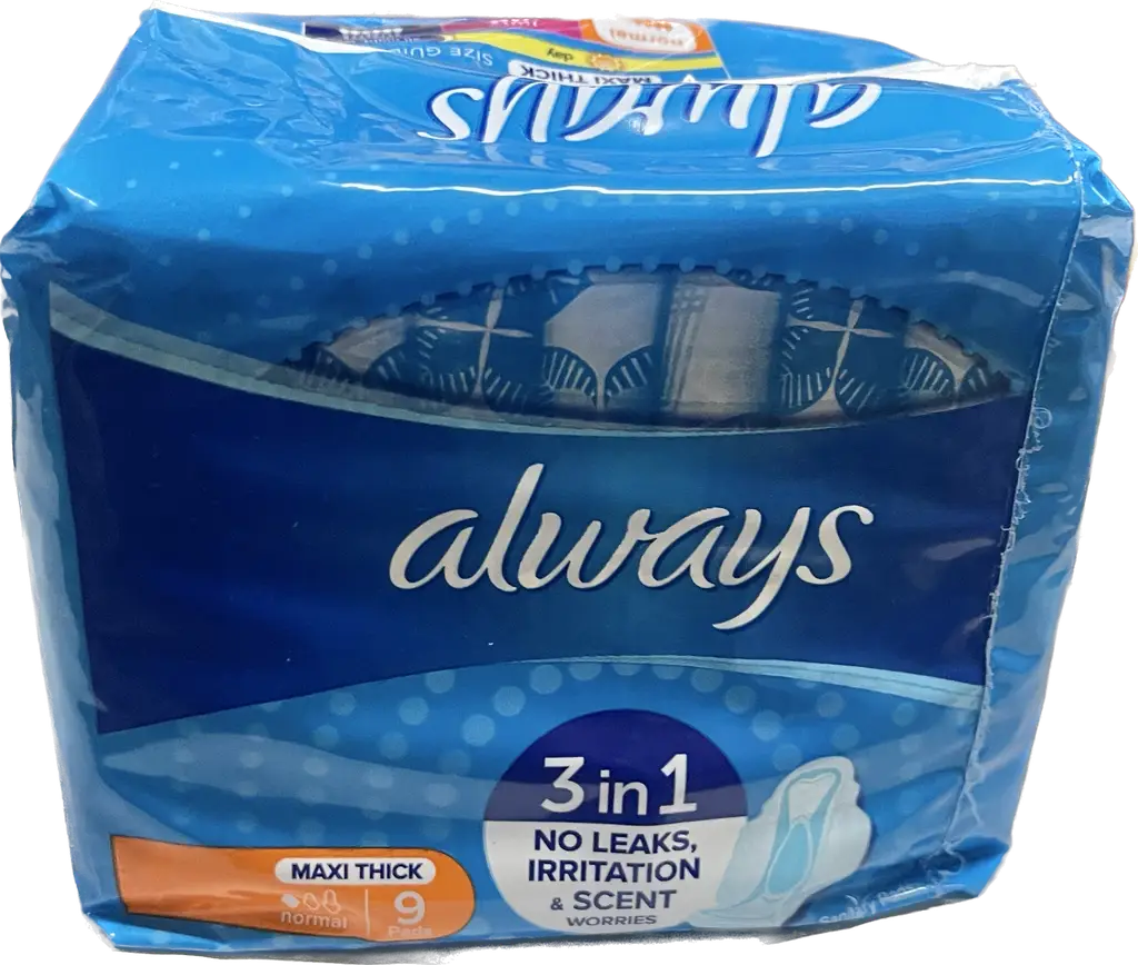 Front of Always Maxi Thick Normal Sanitary Pads, pack of 9