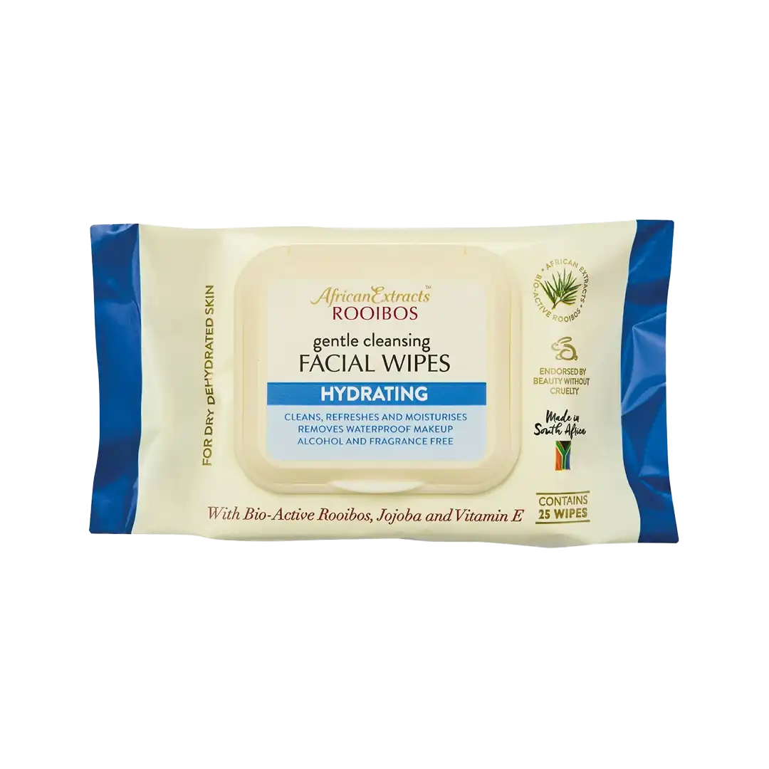 Front of African Extracts Rooibos Hydrating Facial Wipes 25 wipes pack on white background