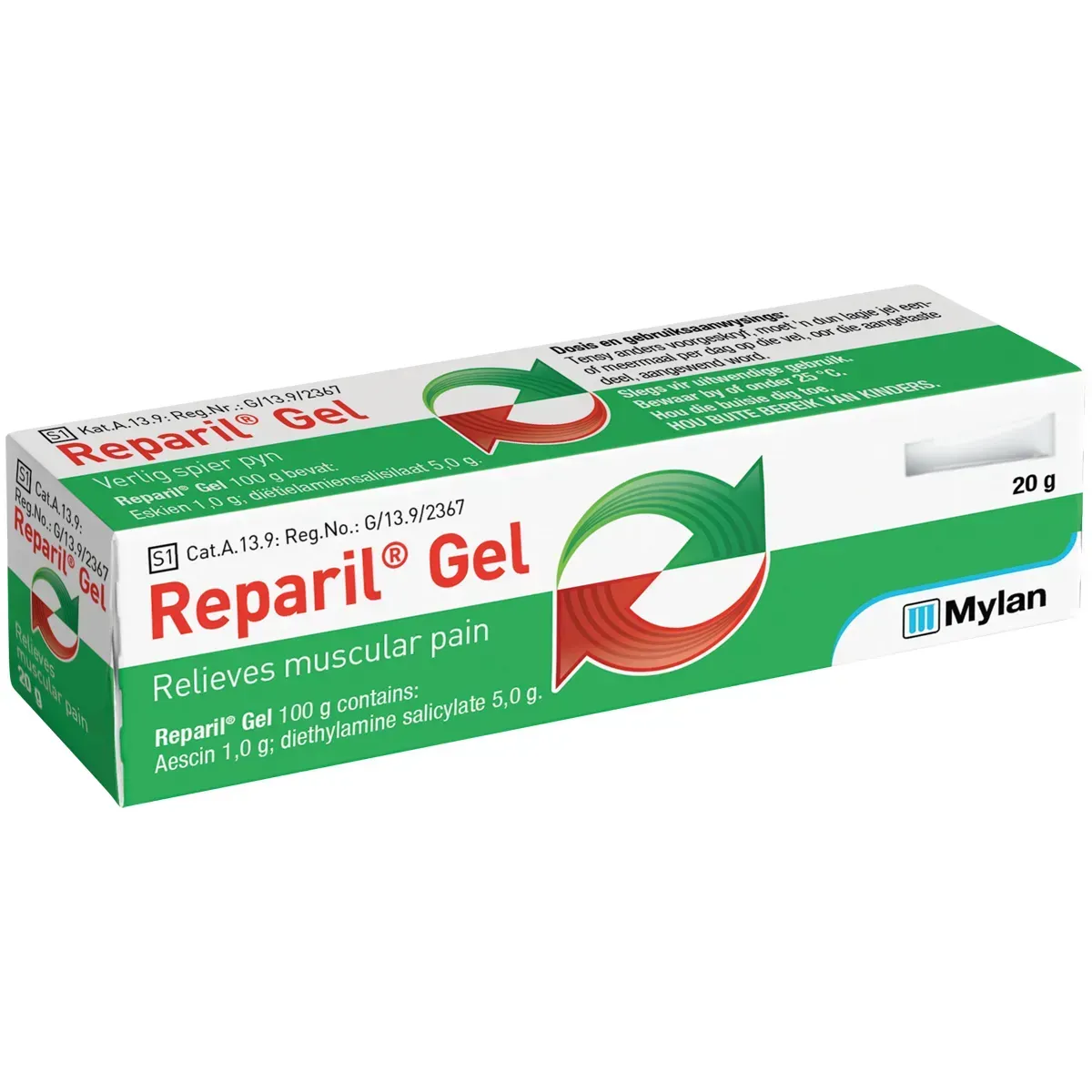 Angled view of Reparil Gel 20 g box by Mylan Laboratories