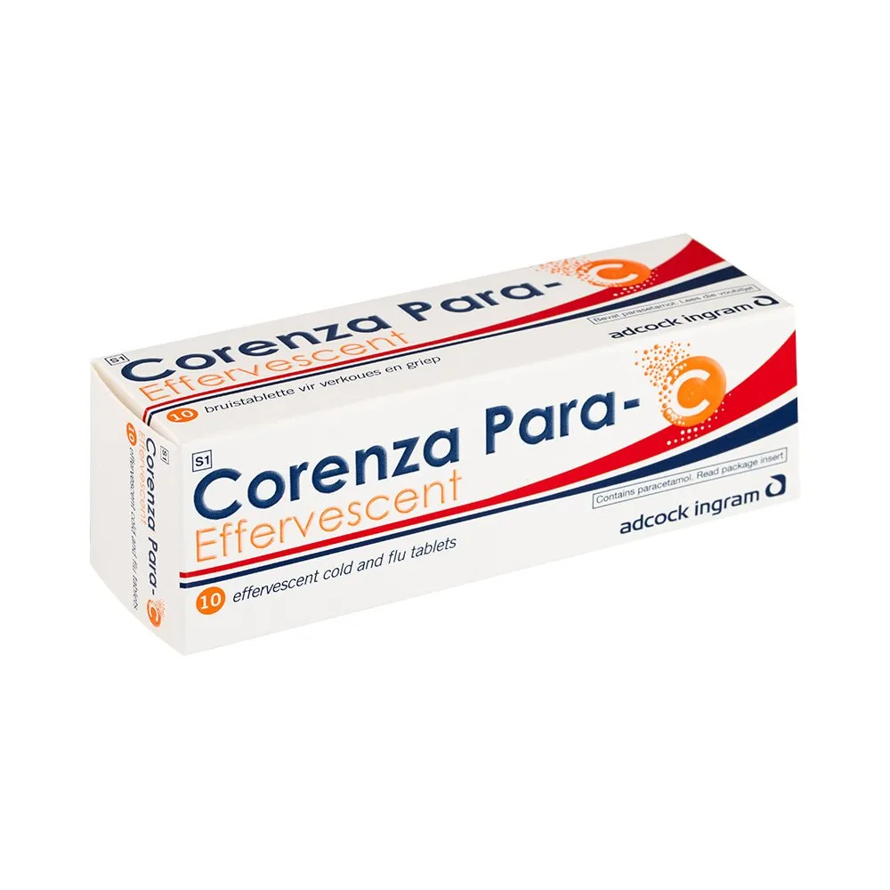 Front of Adcock Ingram Corenza Para-C Effervescent Tablets 10's carton