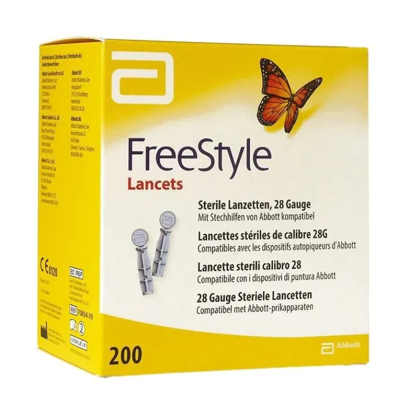 Front of FreeStyle Lancets 200 pack box, 28 gauge sterile lancets by Abbott