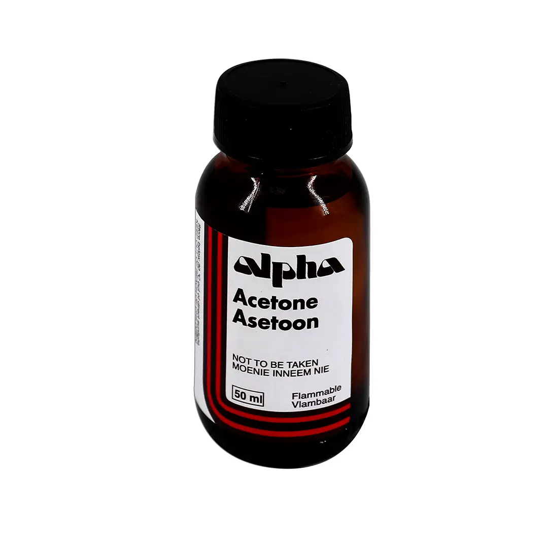 Front of Alpha Acetone 50 ml amber bottle
