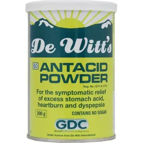 Front of De Witt's Antacid Powder 200 g canister
