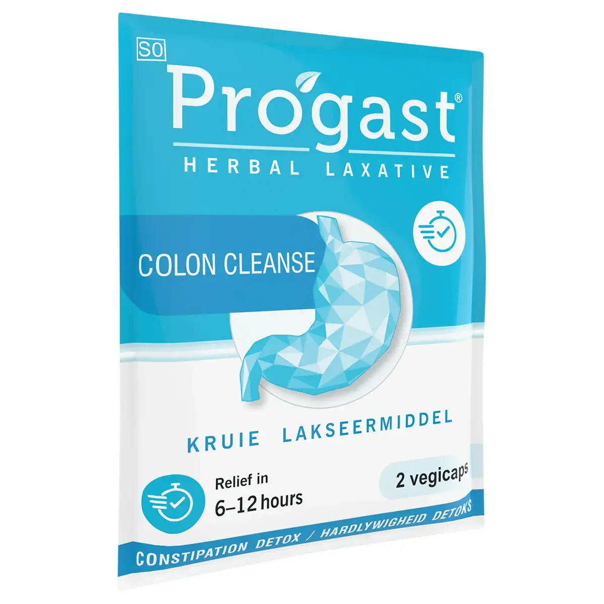 Front of Progast Oxy-Colon Cleanse herbal laxative sachet, 2 vegicaps